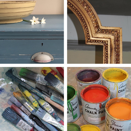 Assorted chalk paint cans and used paintbrushes arranged on a surface, showcasing various colours and textures.