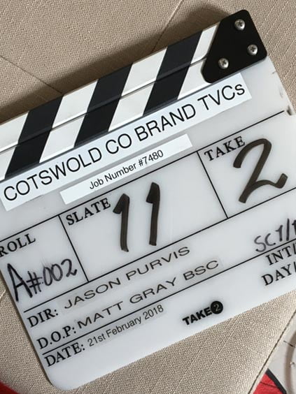 Clapperboard with job number 7480, slate 11, take 2, and details of Jason Purvis and Matt Gray BSc.
