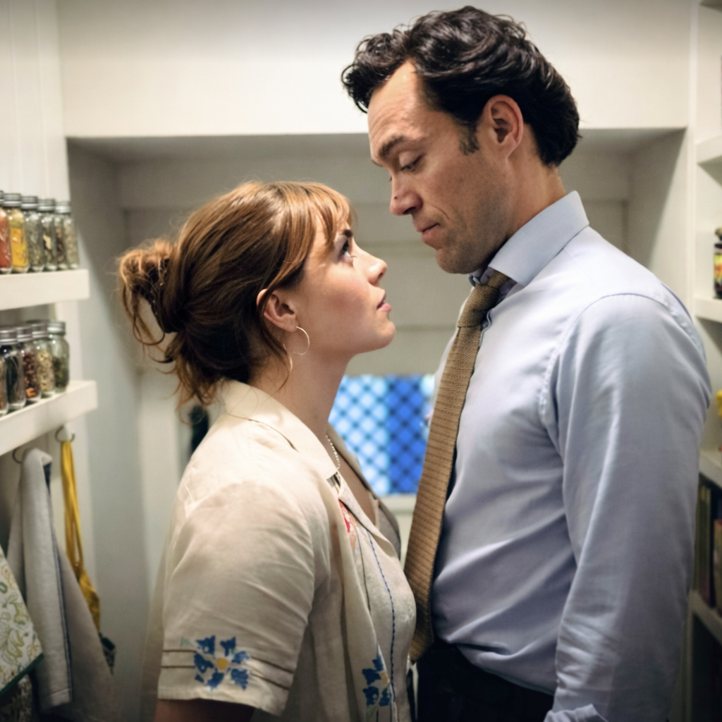 A man and woman standing closely together in a pantry, gazing into each other's eyes, with jars of spices visible in the background.