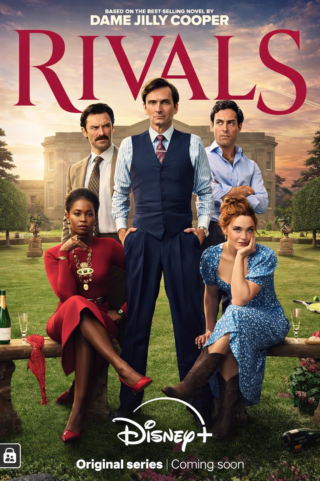 Promotional poster for the Disney+ series 'Rivals', featuring five main characters in formal attire.