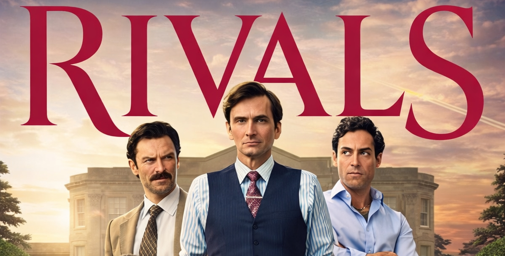 Three men appear beneath the Rivals title, with a grand house behind them evoking an imagined 1980s film set.